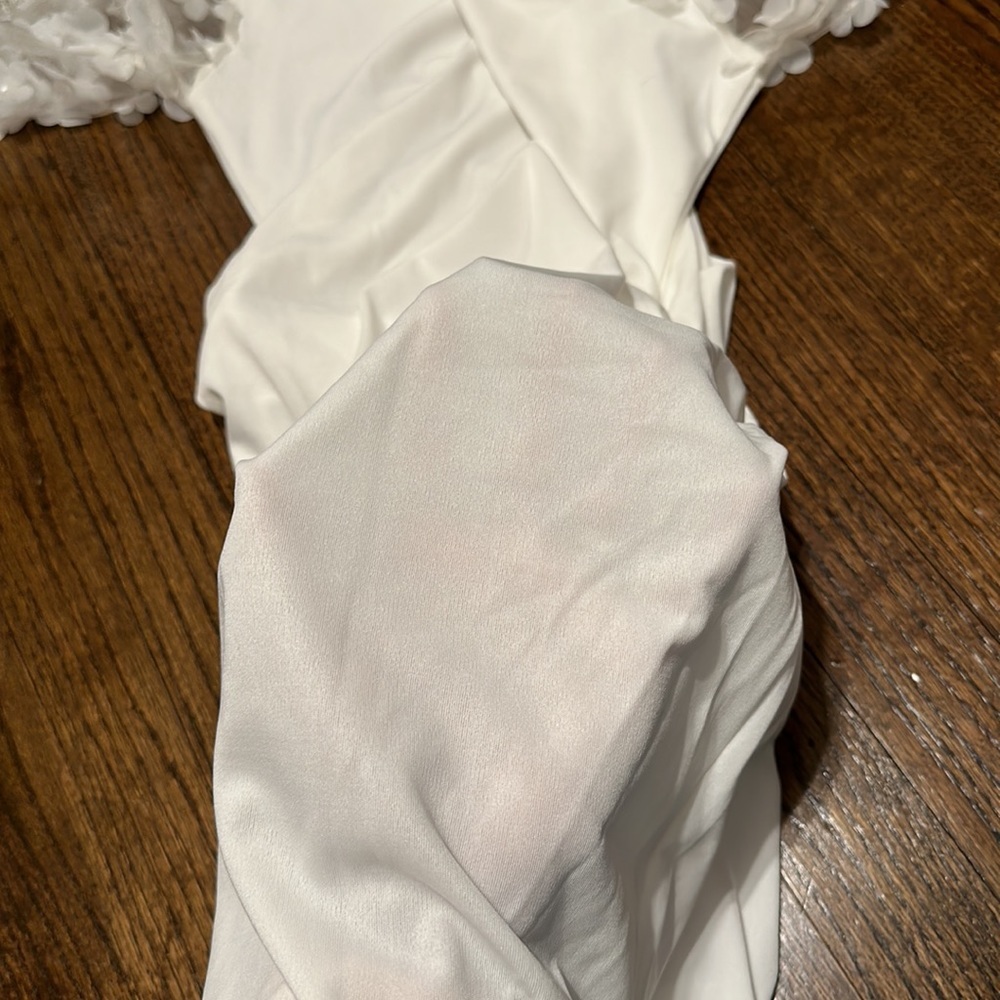 White Flower Appliqué Ballon Sleeve Mini Fitted Stretchy Maternity Dress Small - Picture 9 of 12